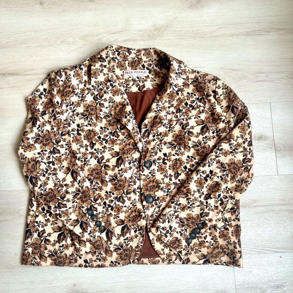 Free People Floral Brown Blazer Jacket Size Medium